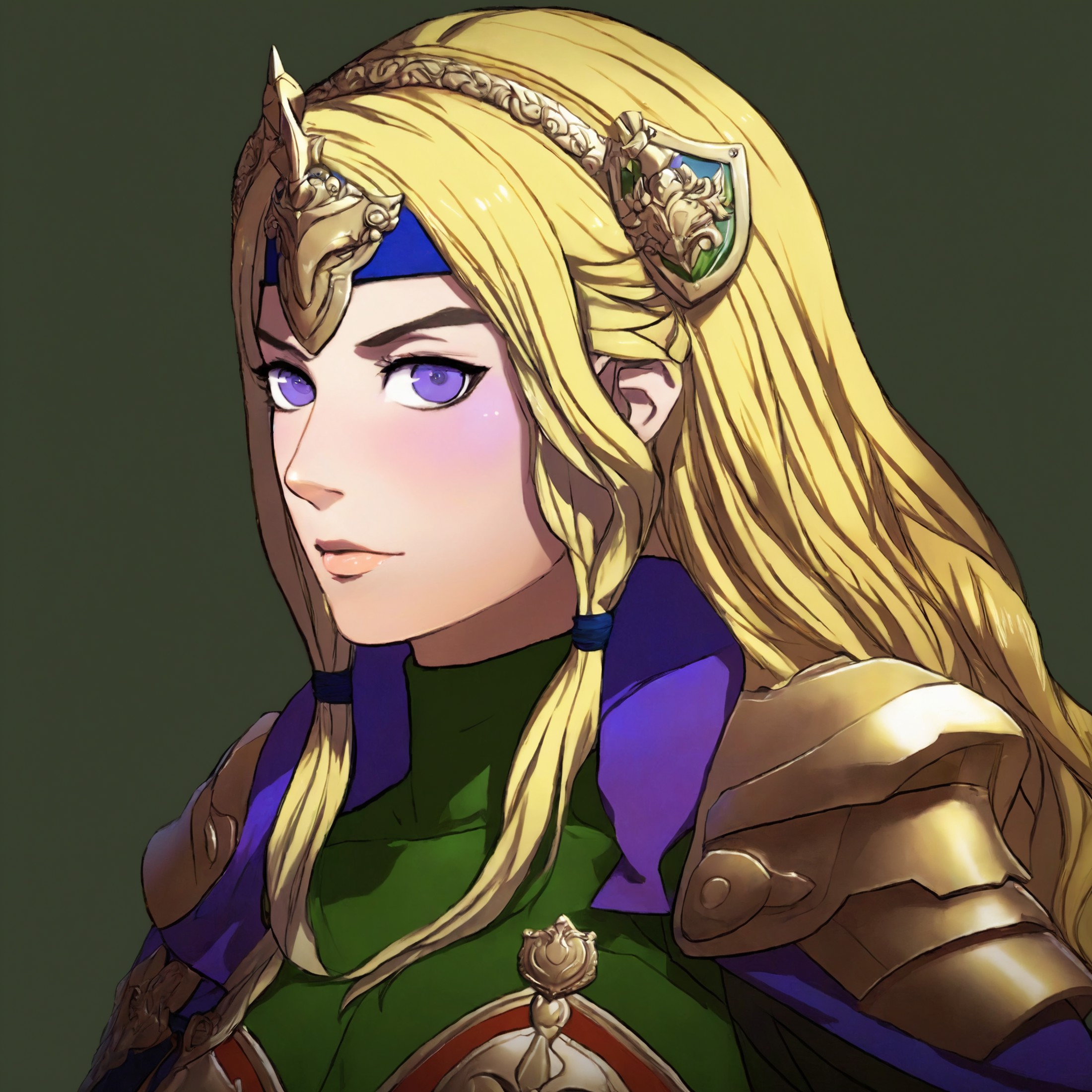 A portrait of a Fire Emblem girl with a simple green background, She is blushing and aged up with blonde and purple straig...